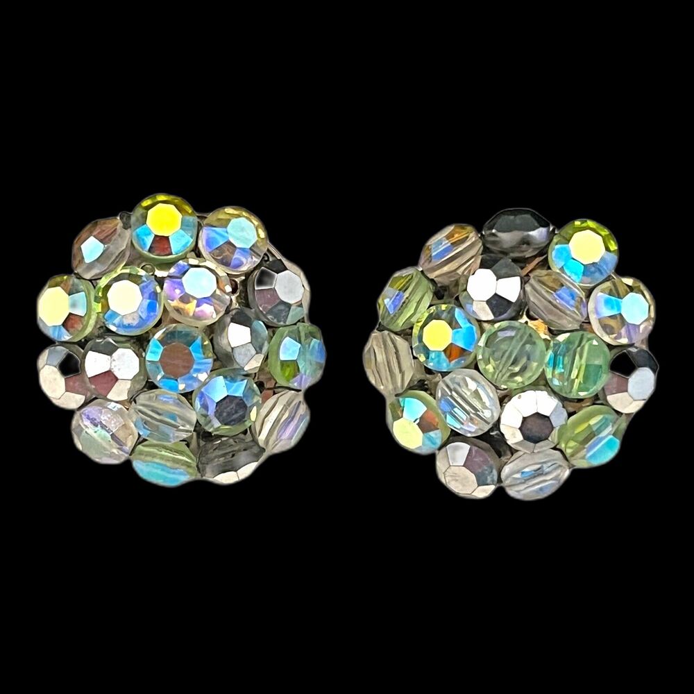 Vintage 1950s Vogue Clip Earrings AB Crystal Bead Cluster - 1D